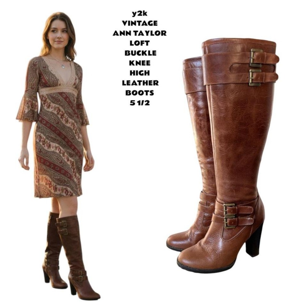 Y2K 2000'S vtg. Brown Leather Buckle Knee High Ann Taylor Loft Boots size 5 1/2